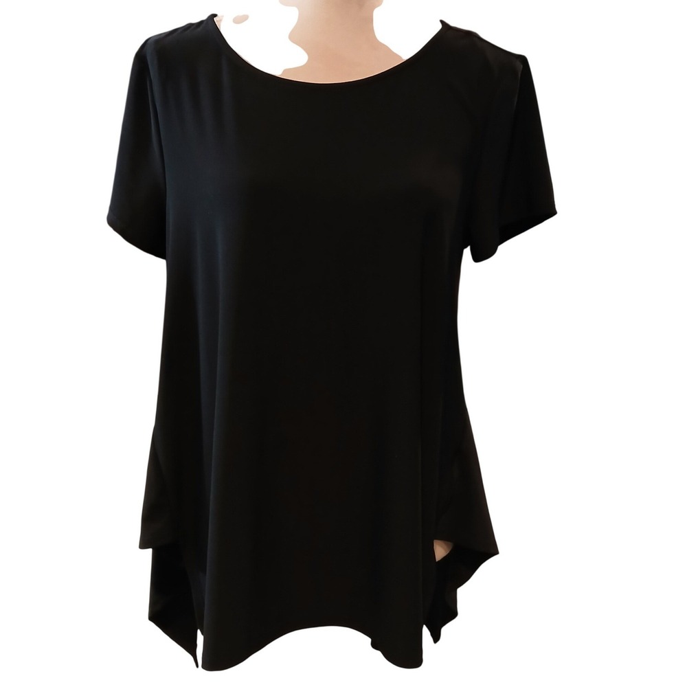 Chaus New York Womens Large Black Short Sleeve Sharkbite Hem Tunic Top
